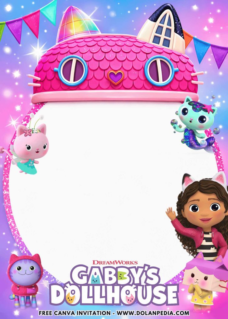 Free and Editable Lovely Cute Gabby Dollhouse Invitation Templates Made in Canva. Customize Online for free