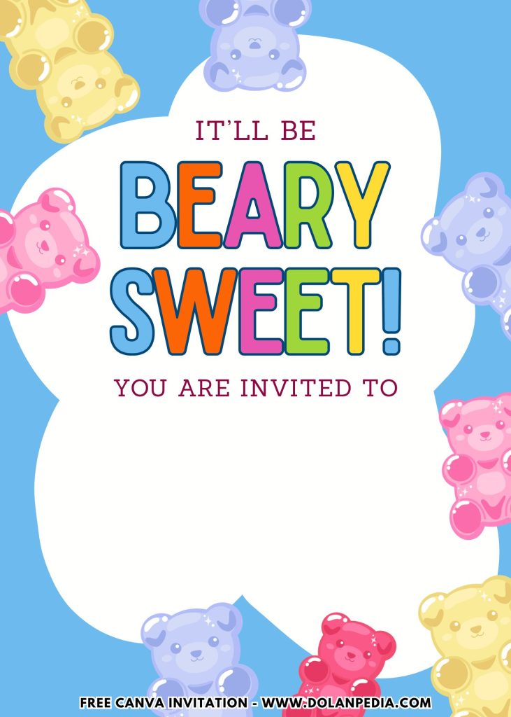 Free and Editable Simple Gummy Jelly Bear Party Invitation Templates Made in Canva. Customize Online for free