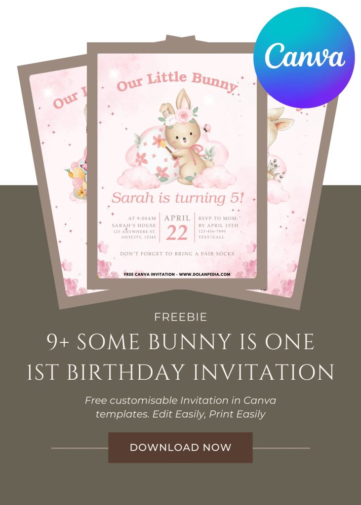 Free and Editable Adorable Vintage Watercolor Bunny 1st Birthday Invitation Templates Made in Canva. Customize Online for free
