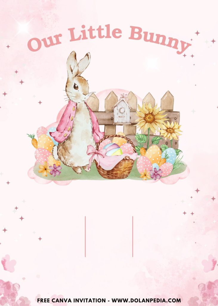 Free and Editable Watercolor Peter the Rabbit Style Bunny 1st Birthday Invitation Templates Made in Canva. Customize Online for free