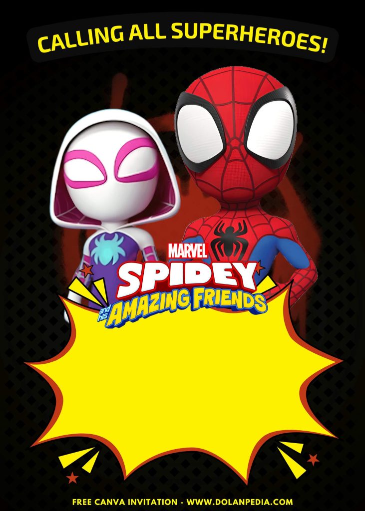 Free and Editable Spidey And Ghost Spider Birthday Invitation Templates Made in Canva. Customize Online for free