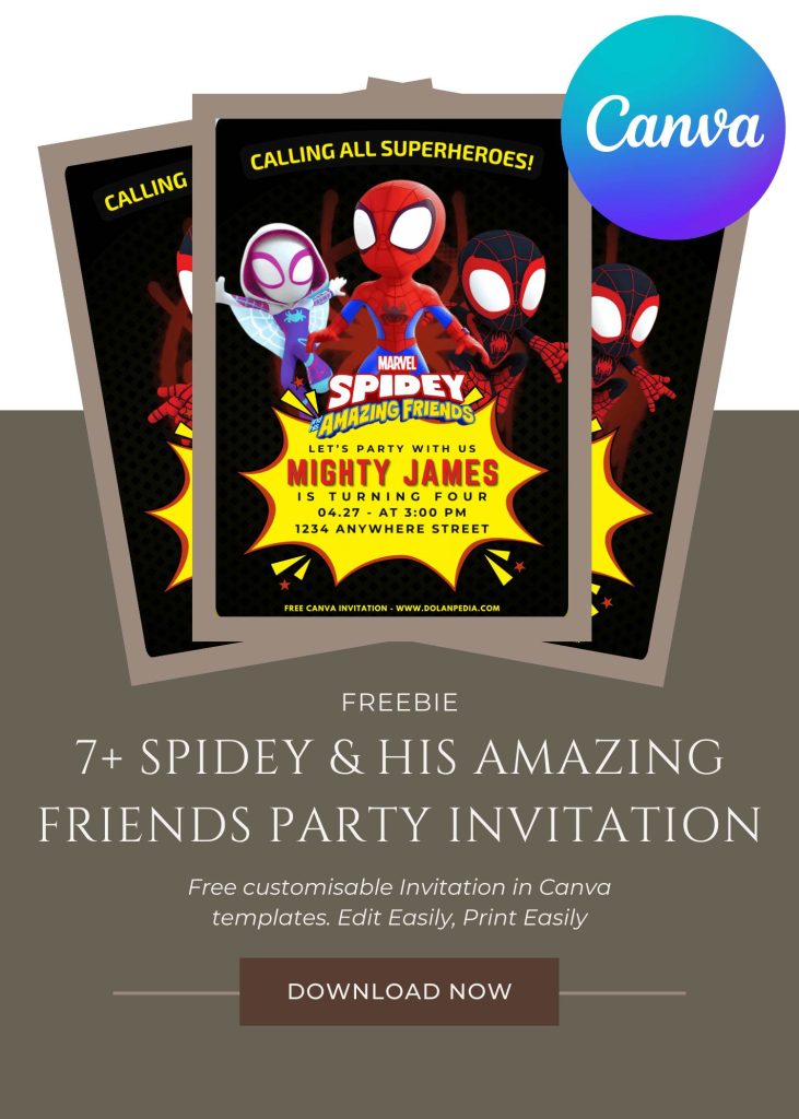 Free and Editable Spidey And Friends Graffiti Wall Invitation Templates Made in Canva. Customize Online for free