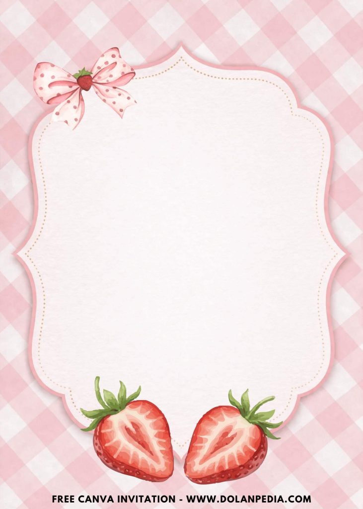 Free and Editable Strawberry 1st Birthday Invitation Templates with Pink Bracket Frame Made in Canva. Customize Online for free