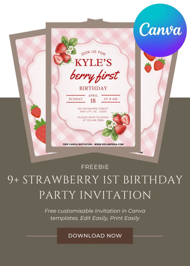 Free and Editable Adorable Strawberry 1st Birthday Invitation Templates Made in Canva. Customize Online for free