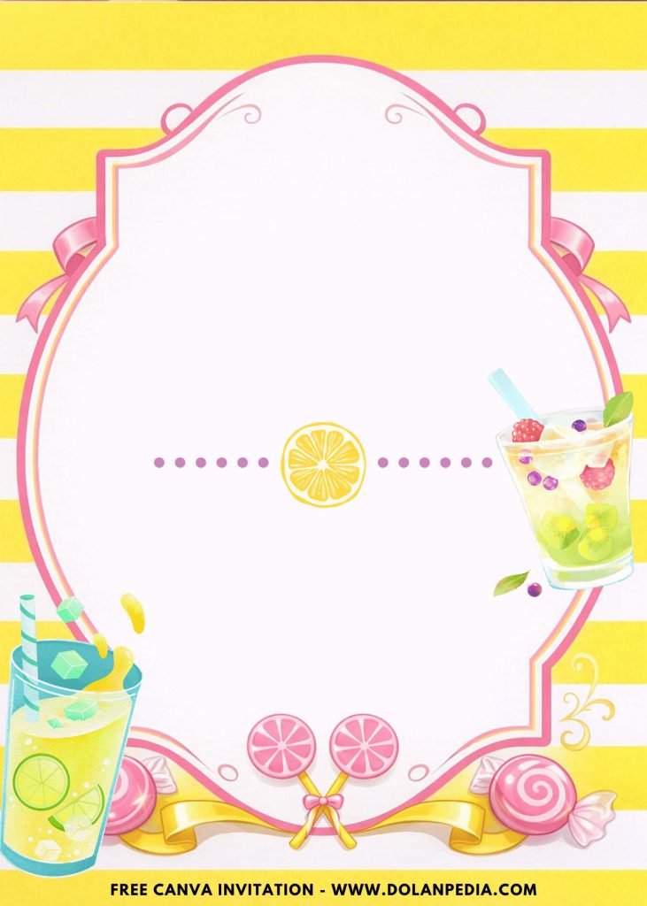 Free and Editable Ice Lemonade Party Invitation Templates with Yellow Stripes Background Made in Canva. Customize Online for free