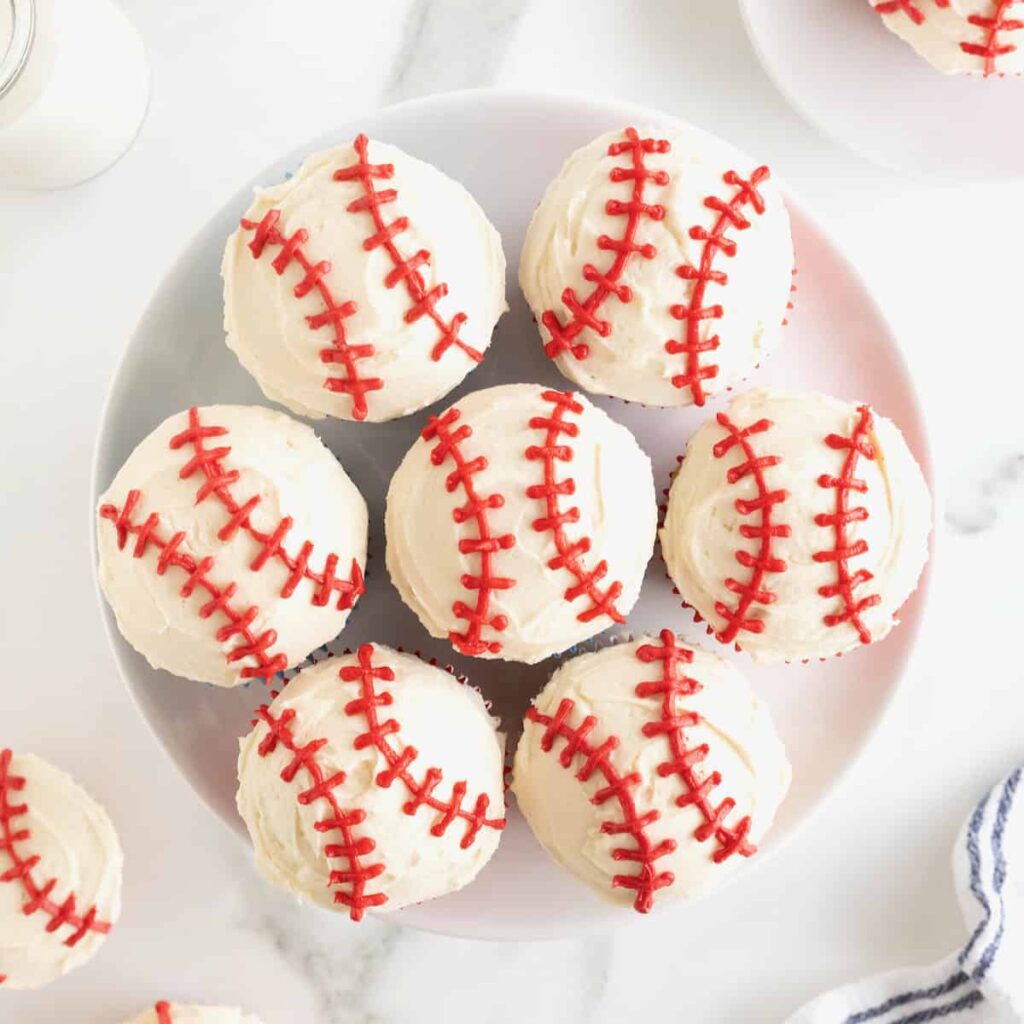 Adorable Baseball Themed Cupcake with Red Stitching details