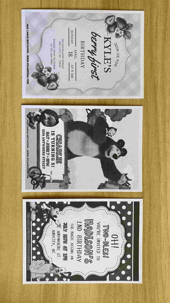 Masha and the Bear, Mickey Mouse and Strawberry 1st birthday invitation