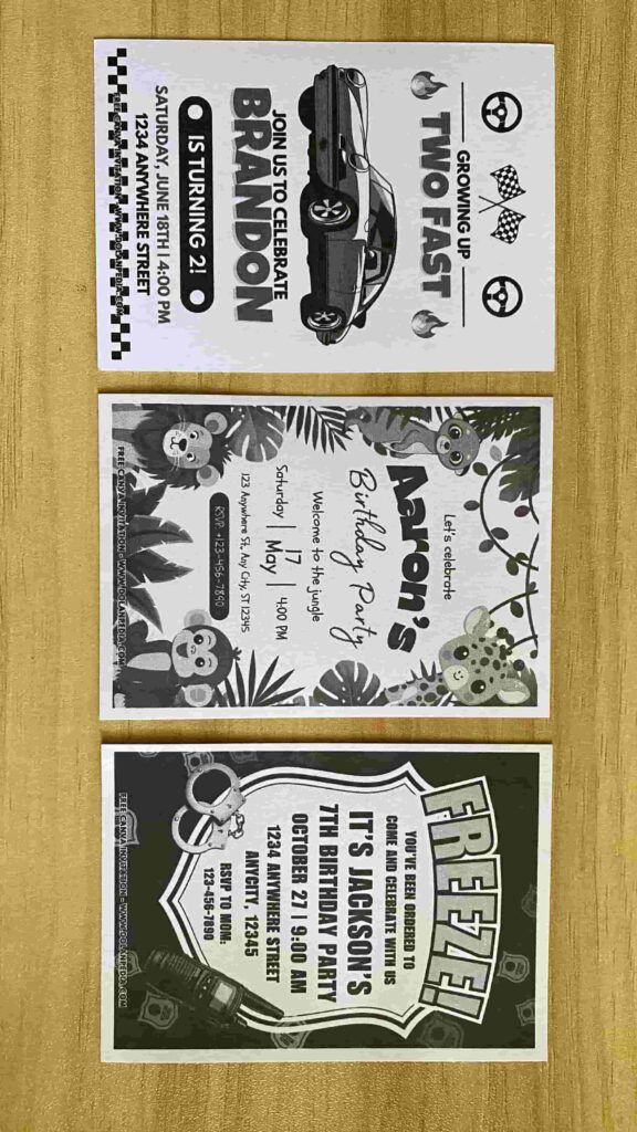 Adorable Freeze Police, Safari Jungle animal and Two fast race car birthday invitation
