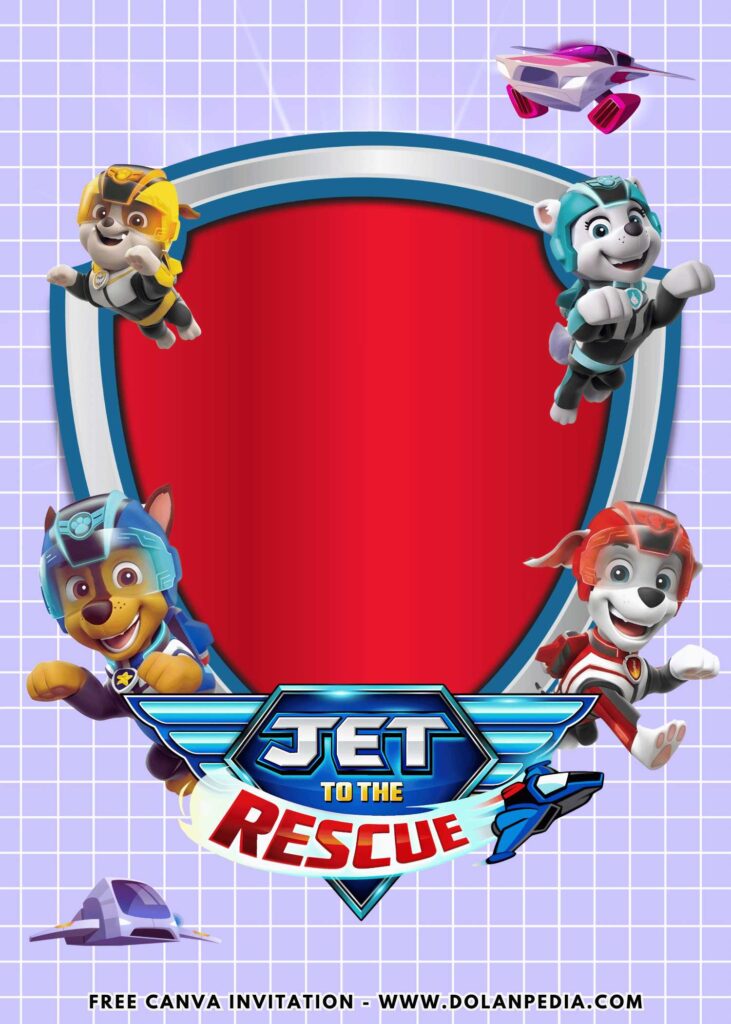 Free and Editable Chase and Friends Jet to the Rescue PAW Patrol Movie Birthday Invitation Templates Made in Canva. Customize Online for free
