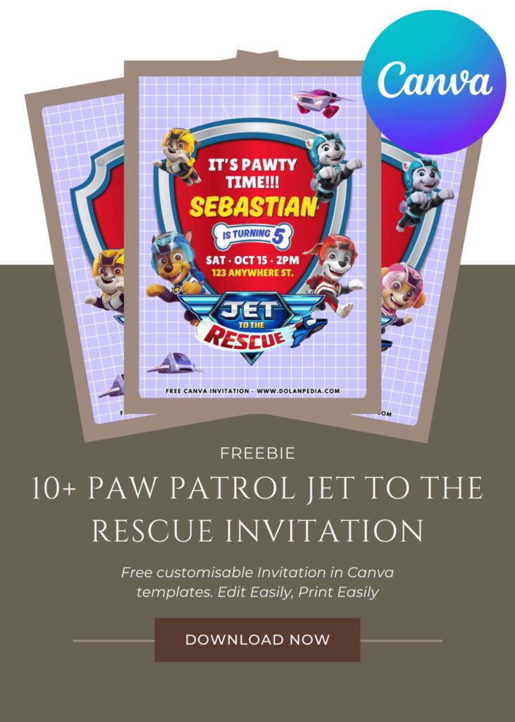 Free and Editable Jet to the Rescue PAW Patrol Movie Birthday Invitation Templates Made in Canva. Customize Online for free