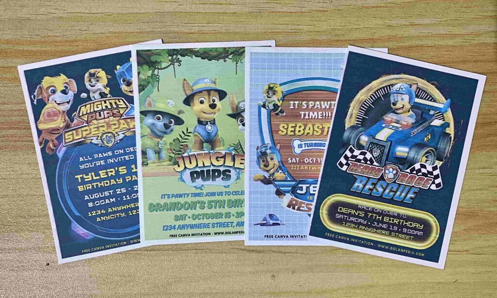 Preview of PAW Patrol Ready Race Rescue, Paw Patrol Jet to the Rescue, Paw Patrol Jungle Pups, and Paw patrol mighty pups birthday invitation Printed on 5x7 A7 250gsm 80lb matte cardstock paper