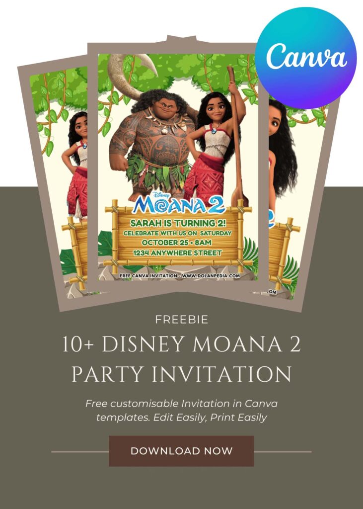 Free and Editable Disney Moana Princess Birthday Invitation Templates Made in Canva. Customize Online for free