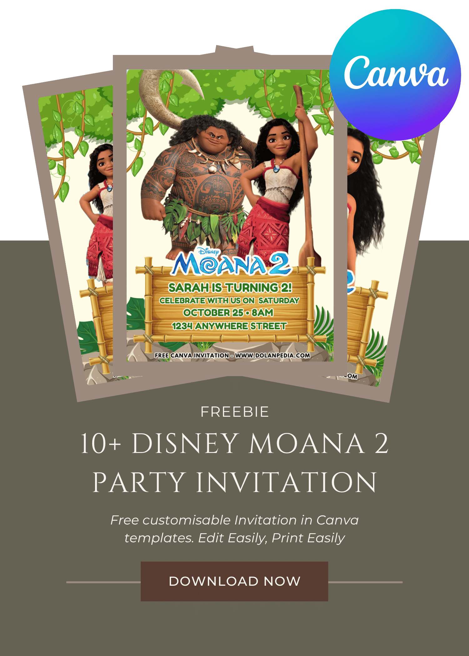Free and Editable Disney Moana Princess Birthday Invitation Templates Made in Canva. Customize Online for free