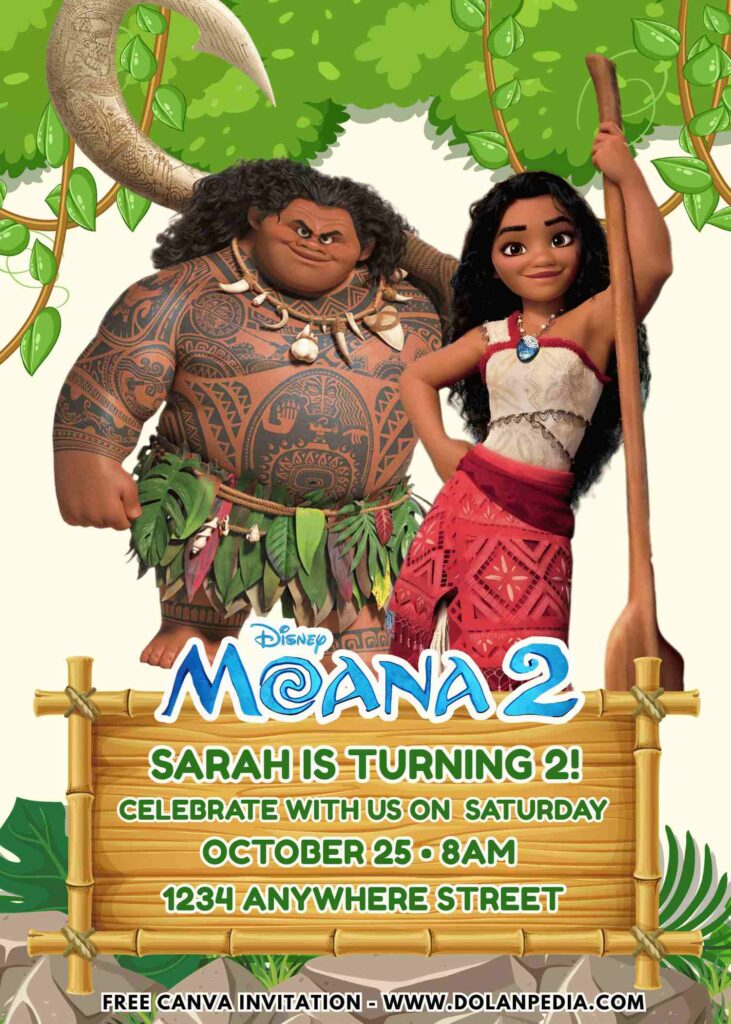 Free and Editable Adorable Disney Moana Princess Birthday Invitation Templates Made in Canva. Customize Online for free