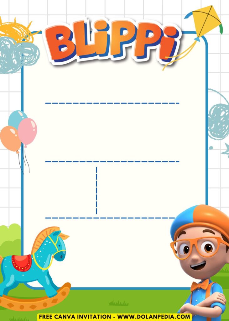 Free and Editable Adorable Rocking Horse Super Fun Blippi Kids Birthday Invitation Templates Made in Canva. Customize Online for free