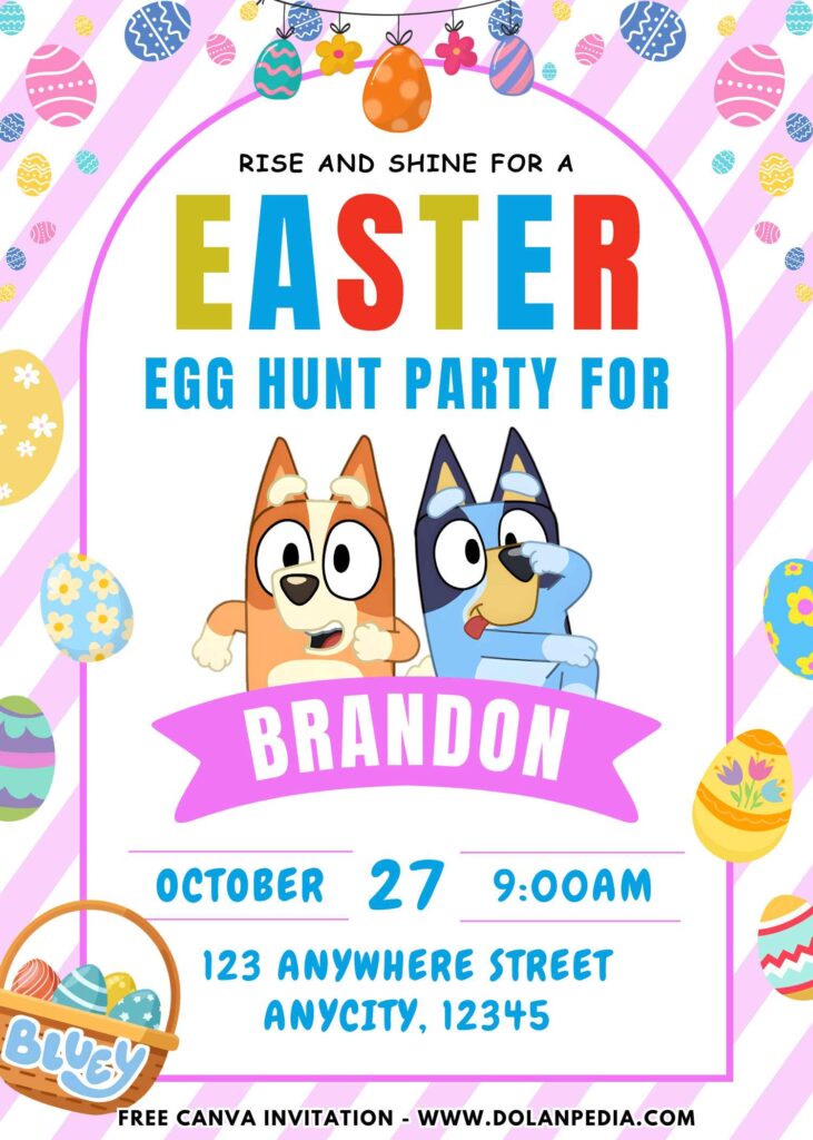 Free and Editable Colorful Bluey Find Easter Egg Birthday Invitation Templates Made in Canva. Customize Online for free