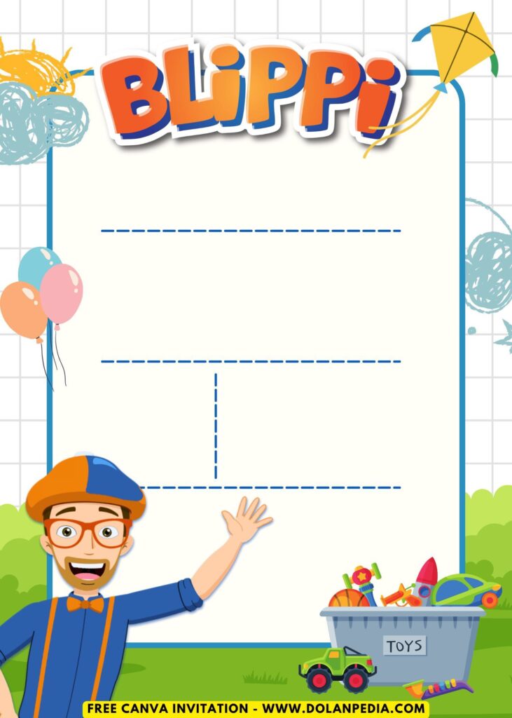 Free and Editable Happy Super Fun Blippi Kids Birthday Invitation Templates Made in Canva. Customize Online for free