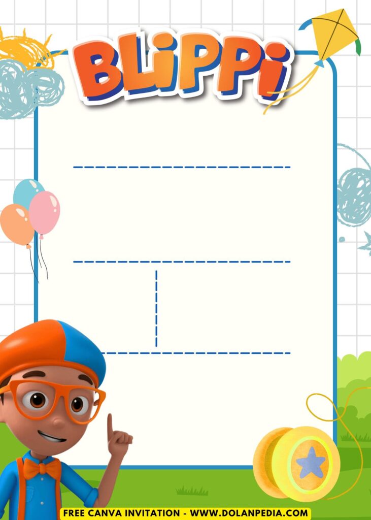 Free and Editable Park Super Fun Blippi Kids Birthday Invitation Templates Made in Canva. Customize Online for free