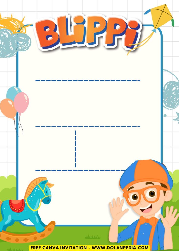 Free and Editable Garden Super Fun Blippi Kids Birthday Invitation Templates Made in Canva. Customize Online for free