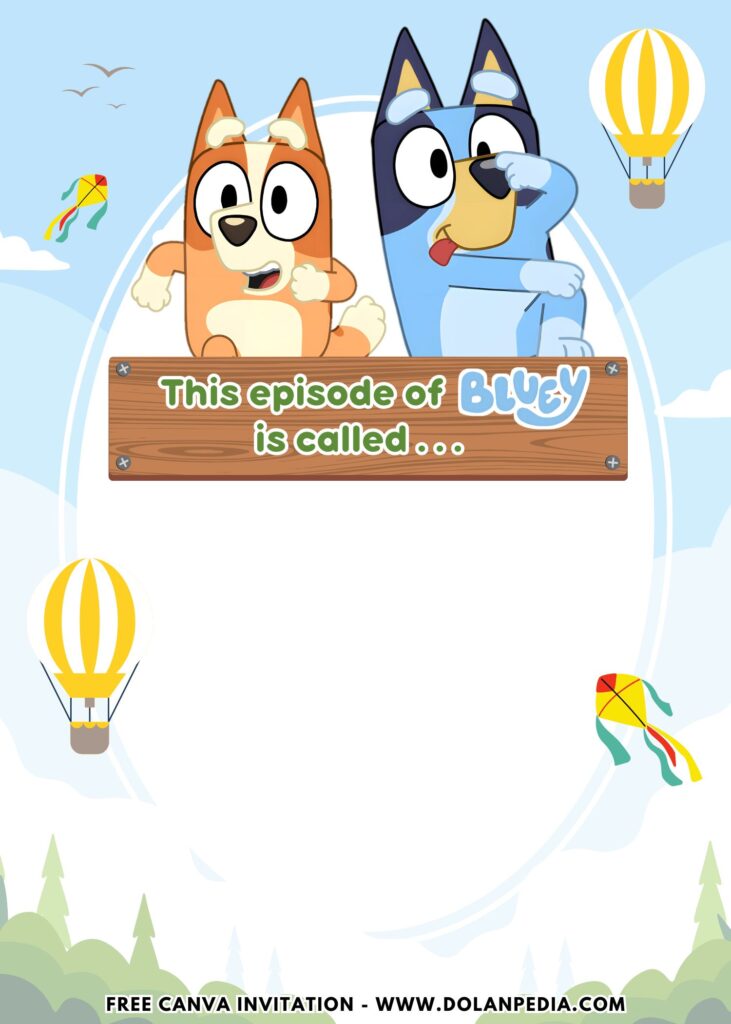 Free and Editable Fun Hot Air Balloon Bluey Birthday Invitation Templates Made in Canva. Customize Online for free