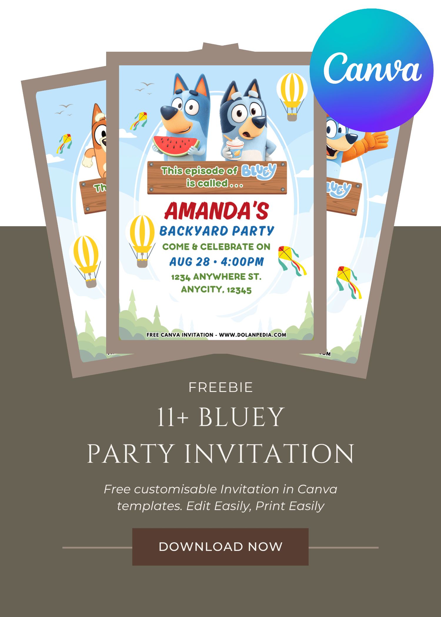 Free and Editable Cute Hot Air Balloon Bluey Birthday Invitation Templates Made in Canva. Customize Online for free
