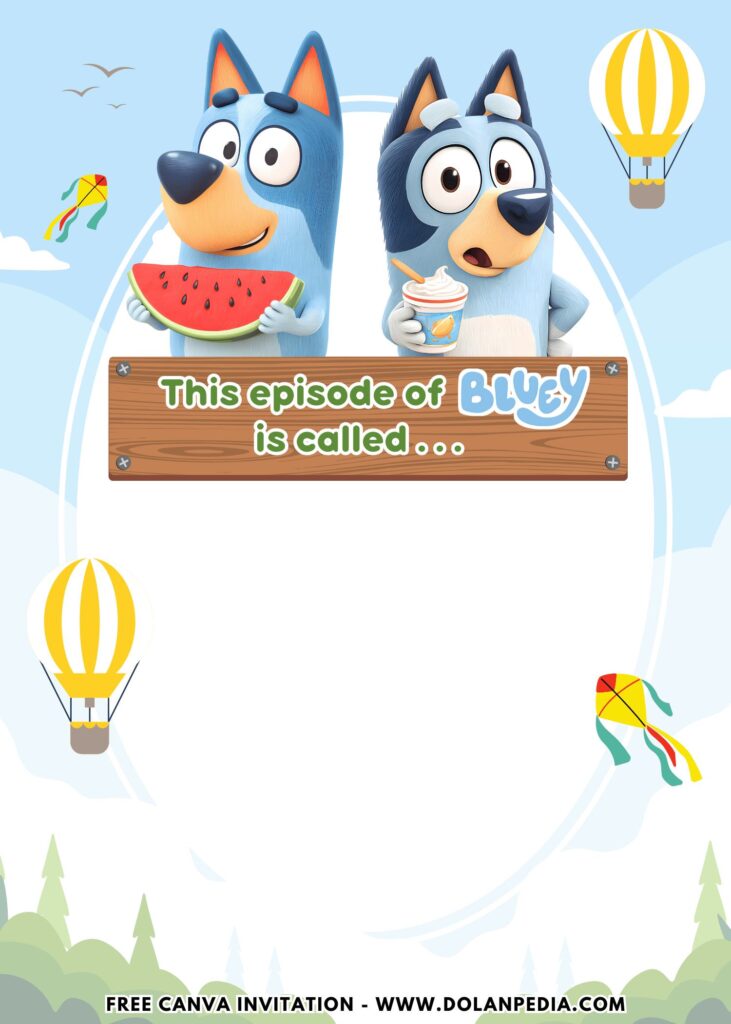 Free and Editable Lovely Hot Air Balloon Bluey Birthday Invitation Templates Made in Canva. Customize Online for free