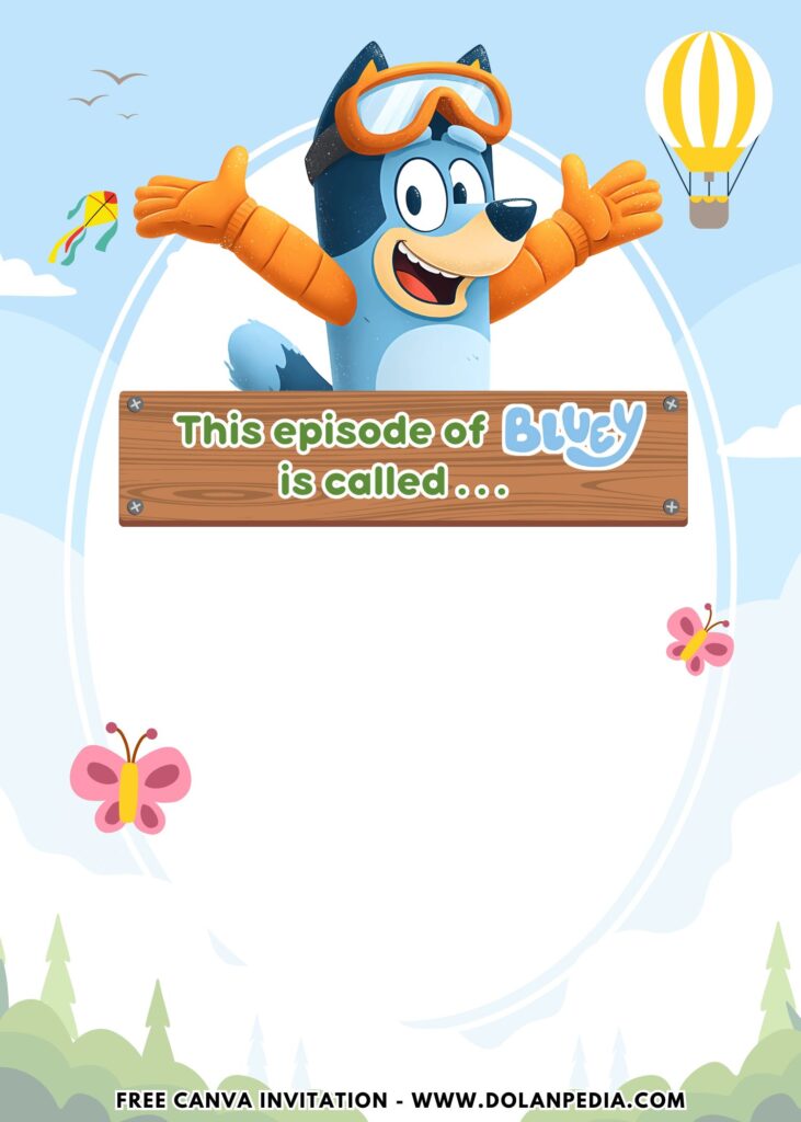 Free and Editable Adorable Hot Air Balloon Bluey Birthday Invitation Templates Made in Canva. Customize Online for free