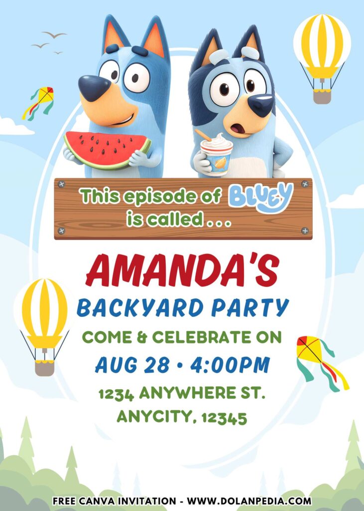 Free and Editable Hot Air Balloon Bluey Birthday Invitation Templates Made in Canva. Customize Online for free