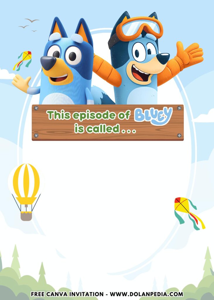 Free and Editable Funtastic Hot Air Balloon Bluey Birthday Invitation Templates Made in Canva. Customize Online for free
