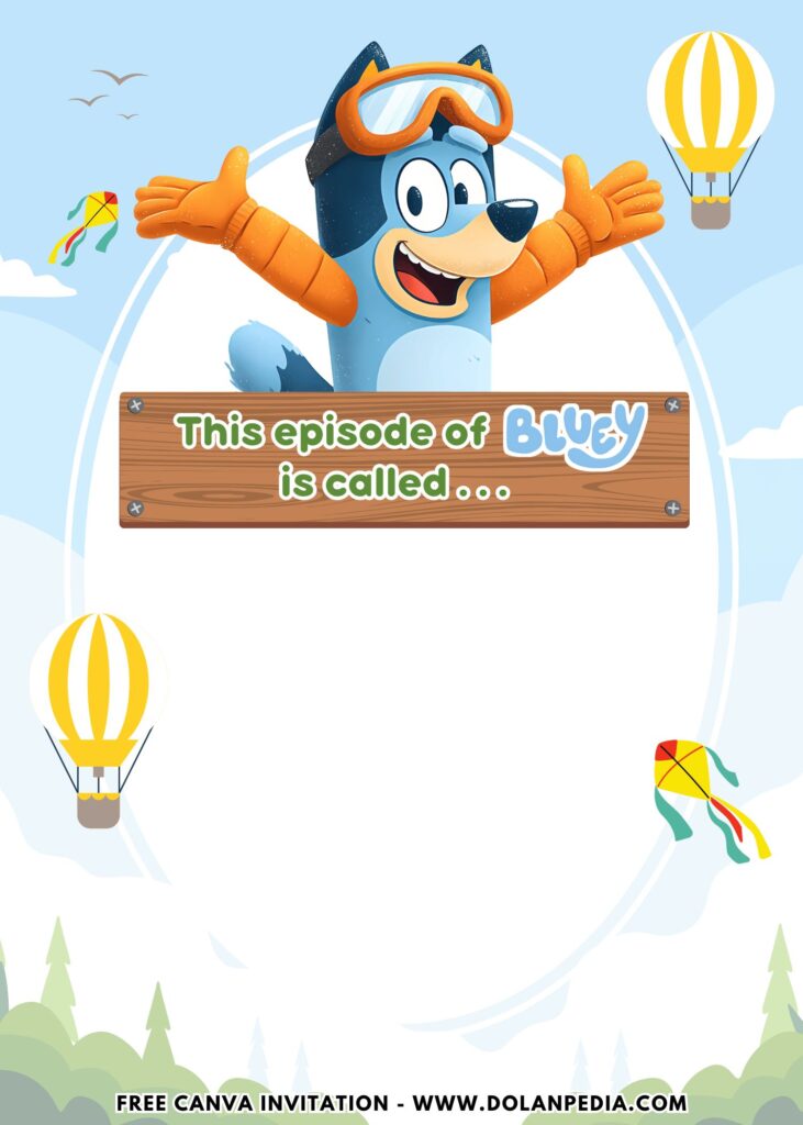 Free and Editable Simple Hot Air Balloon Bluey Birthday Invitation Templates Made in Canva. Customize Online for free