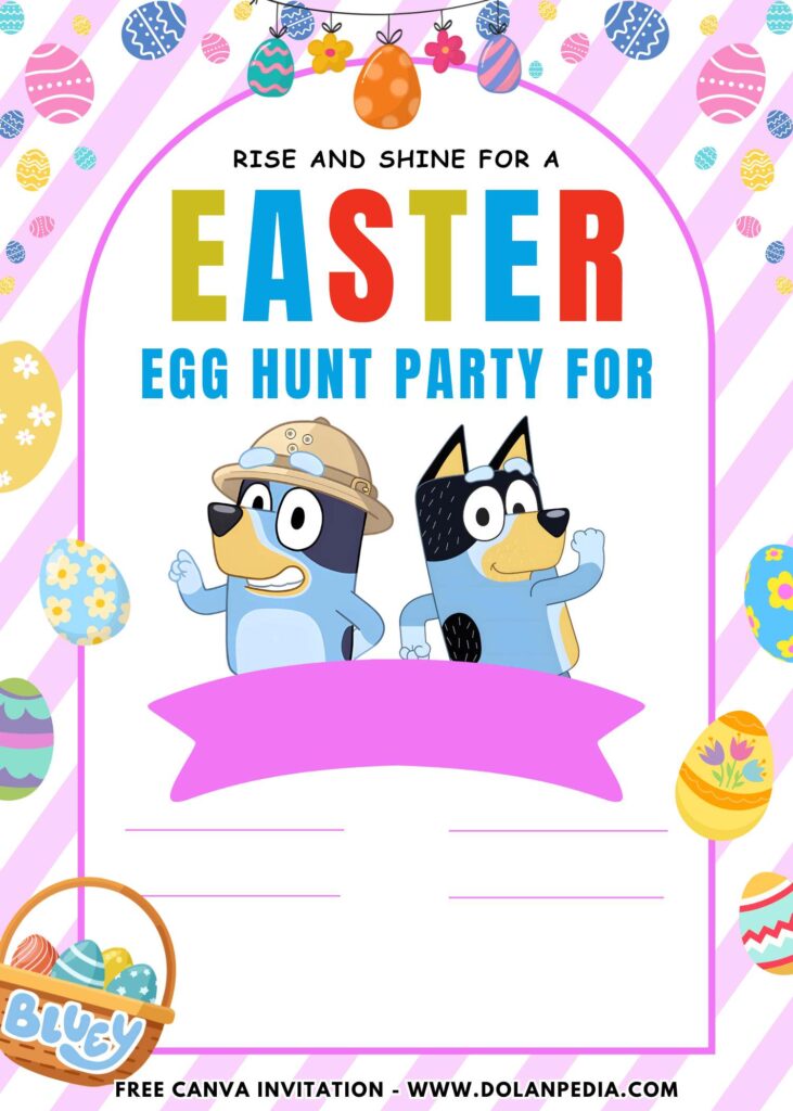 Free and Editable Colorful Bluey Find Easter Egg Birthday Invitation Templates Made in Canva. Customize Online for free