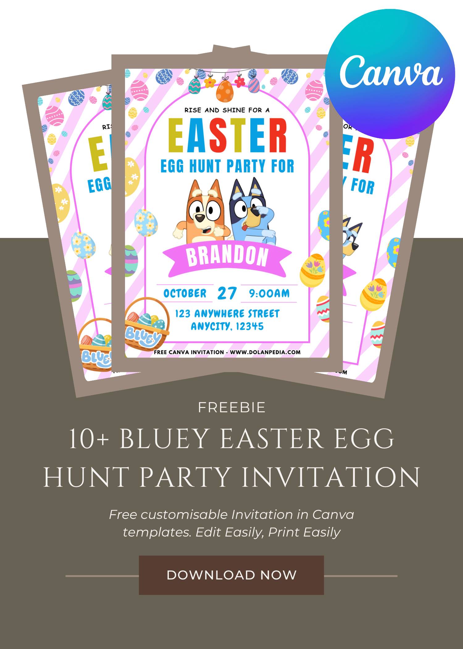 Free and Editable Adorable Bluey Find Easter Egg Birthday Invitation Templates Made in Canva. Customize Online for free