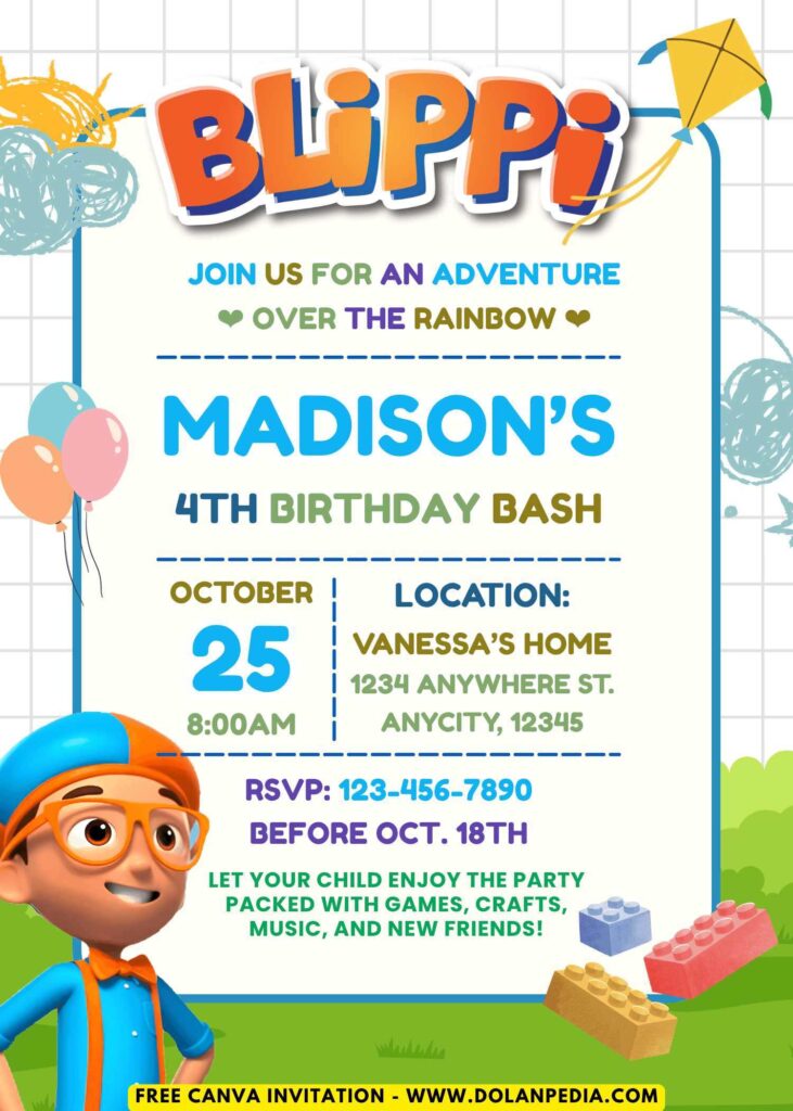 Free and Editable Super Fun Blippi Kids Birthday Invitation Templates Made in Canva. Customize Online for free