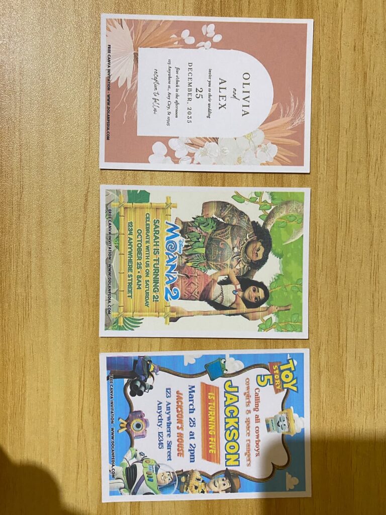 Disney Pixar Toy Story 5 Crew Birthday, Moana Princess Birthday, and Botanical Sakura Wedding Invitation Printed on 5x7 A7 250gsm 80lb Matte Cardstock Papers