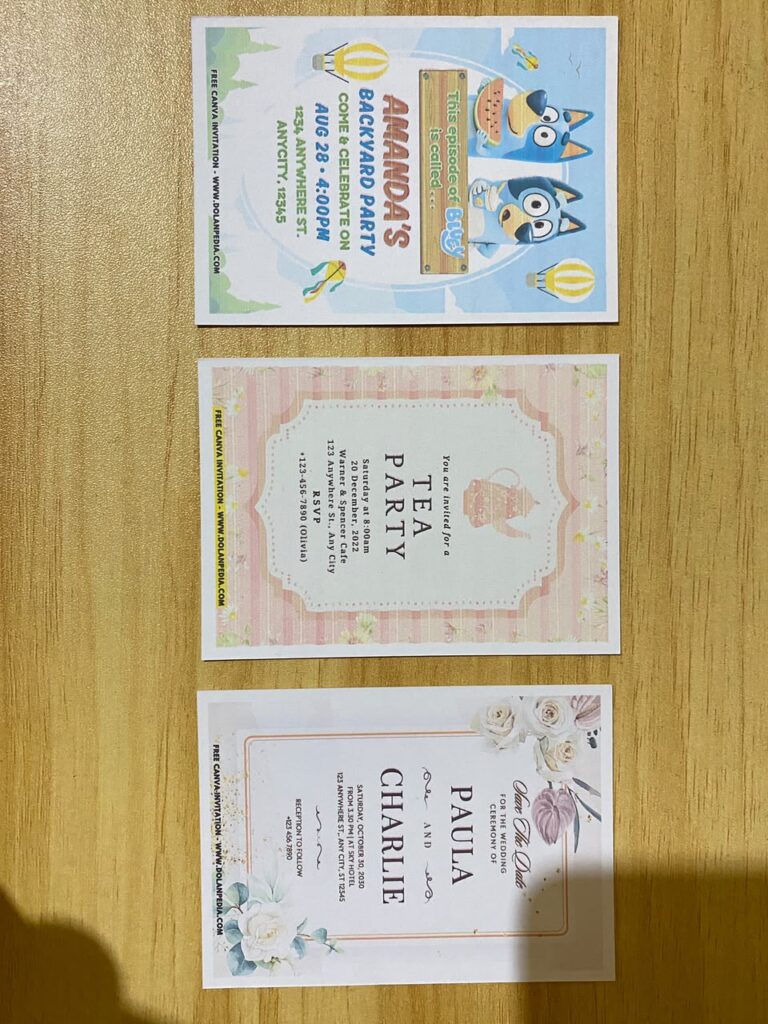 Preview of Dreamy Spring Garden wedding, Aesthetic Floral Backyard Tea Party, and Bluey Birthday Invitation Printed on 5x7 A7 250gsm 80lb Matte Cardstock Papers