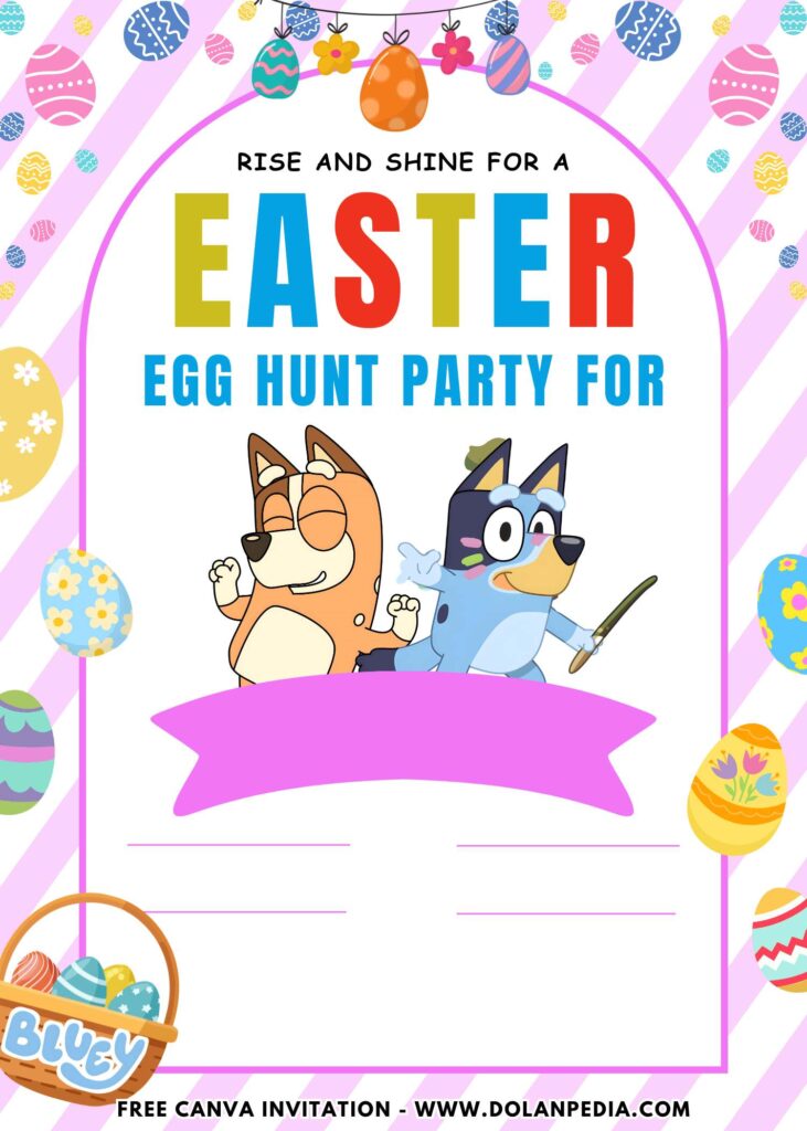 Free and Editable Dreamy Bluey Find Easter Egg Birthday Invitation Templates Made in Canva. Customize Online for free