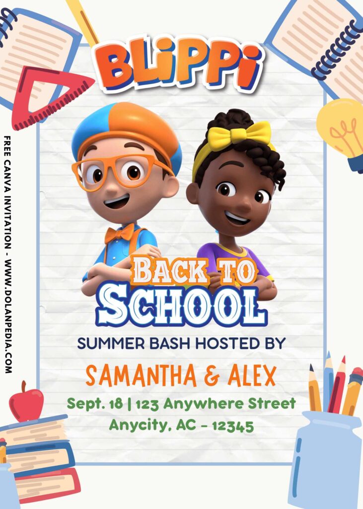 Free and Editable Blippi Back to School Birthday Invitation Templates Made in Canva. Customize Online for free
