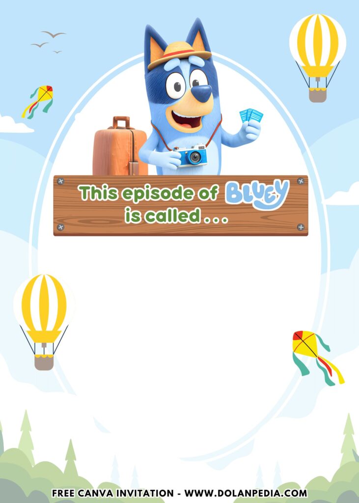 Free and Editable Funny Hot Air Balloon Bluey Birthday Invitation Templates Made in Canva. Customize Online for free