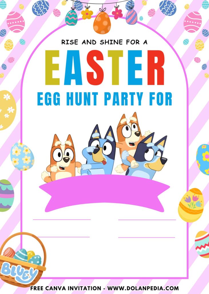 Free and Editable Happy Bluey Find Easter Egg Birthday Invitation Templates Made in Canva. Customize Online for free