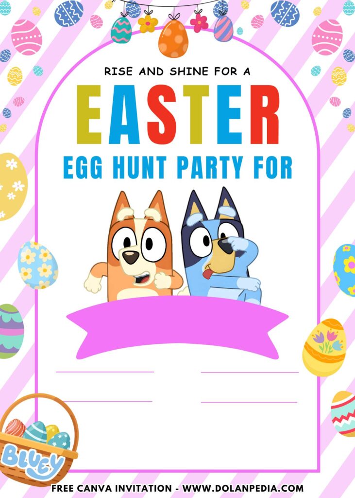 Free and Editable Lovely Bluey Find Easter Egg Birthday Invitation Templates Made in Canva. Customize Online for free