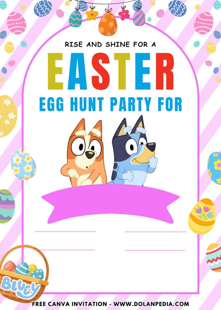 Free and Editable Bluey and Bingo Find Easter Egg Birthday Invitation Templates Made in Canva. Customize Online for free