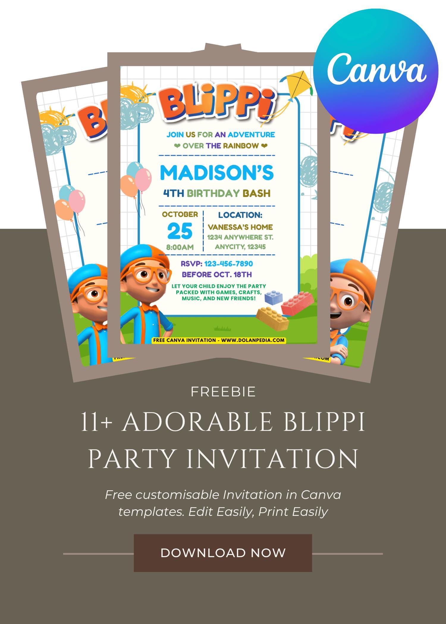Free and Editable Cute Super Fun Blippi Kids Birthday Invitation Templates Made in Canva. Customize Online for free
