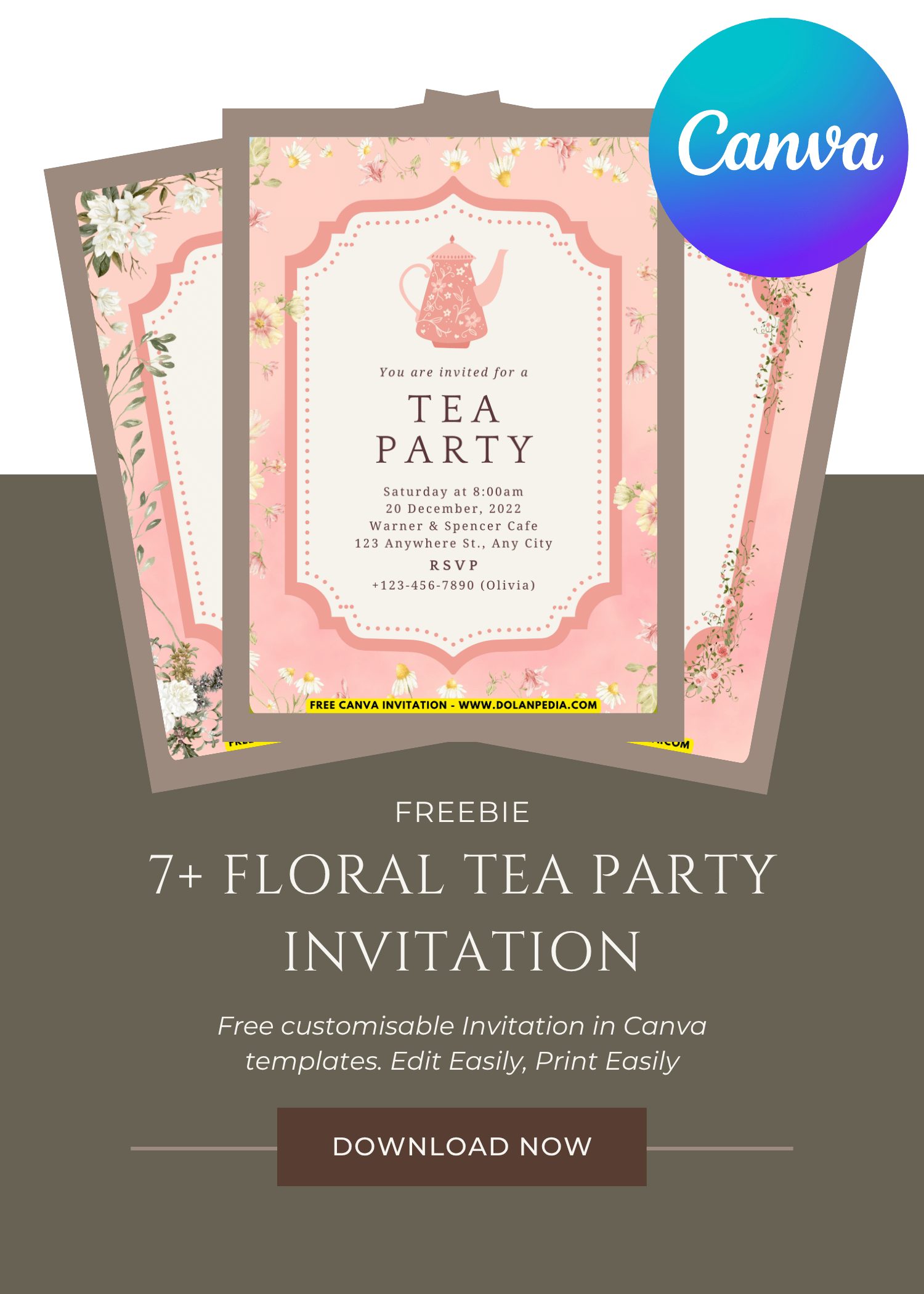 Free and Editable Simple Backyard Floral Tea Party Birthday Invitation Templates Made in Canva. Customize Online for free
