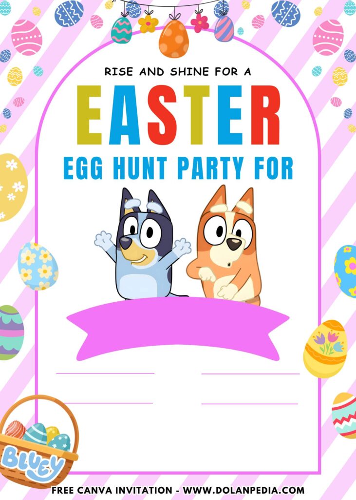 Free and Editable Lovely Cute Bluey Find Easter Egg Birthday Invitation Templates Made in Canva. Customize Online for free