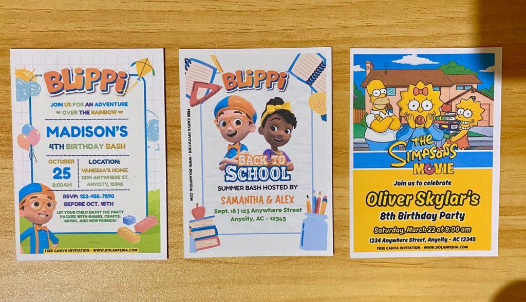 Preview of Fun Summer Blippi Back to School, The Simpsons, and Blippi Birthday Invitation Printe on 5x7 A7 250gsm 80lb Matte Cardstock Papers