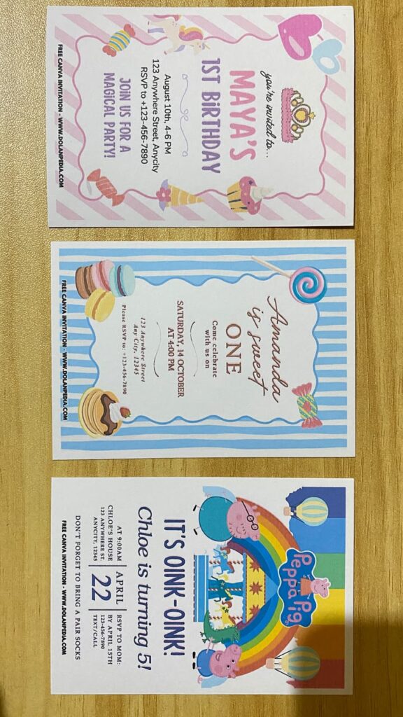 Preview of Rainbow Peppa Pig Family Fun Park, Two Sweet, and Unicorn Birthday Invitation Printed on 5x7 A7 250gsm 80lb Matte Cardstock Papers