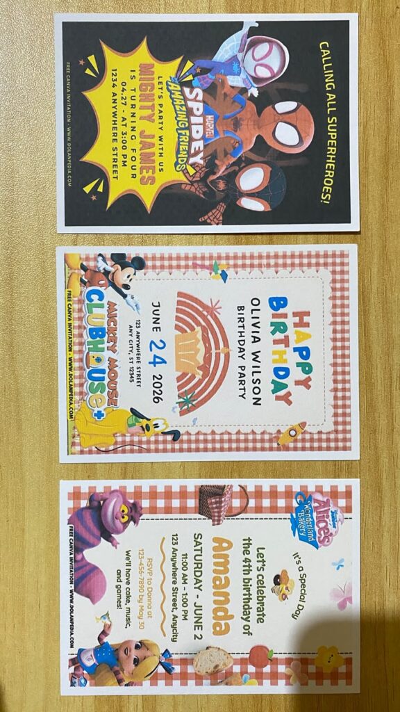 Preview of Awesome Spidey and His Amazing Friends, Rainbow Mickey Mouse and Friends, and Alice in the Wonderland Birthday Invitation Printed on 5x7 A7 250gsm 80lb Matte Cardstock Papers