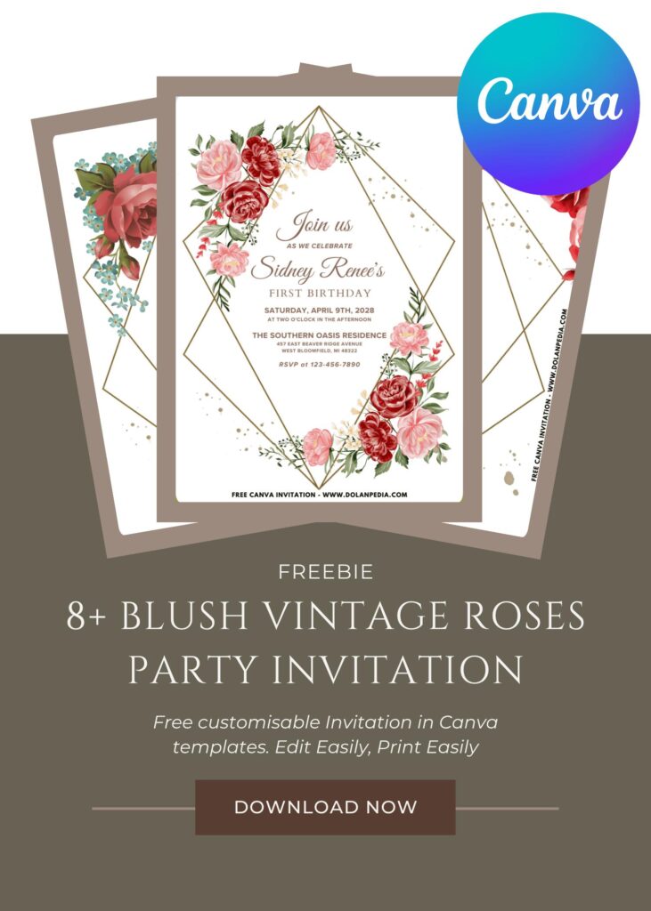 Free and Editable Stunning Vintage Rose First Birthday Invitation Templates Made in Canva. Customize Online for free