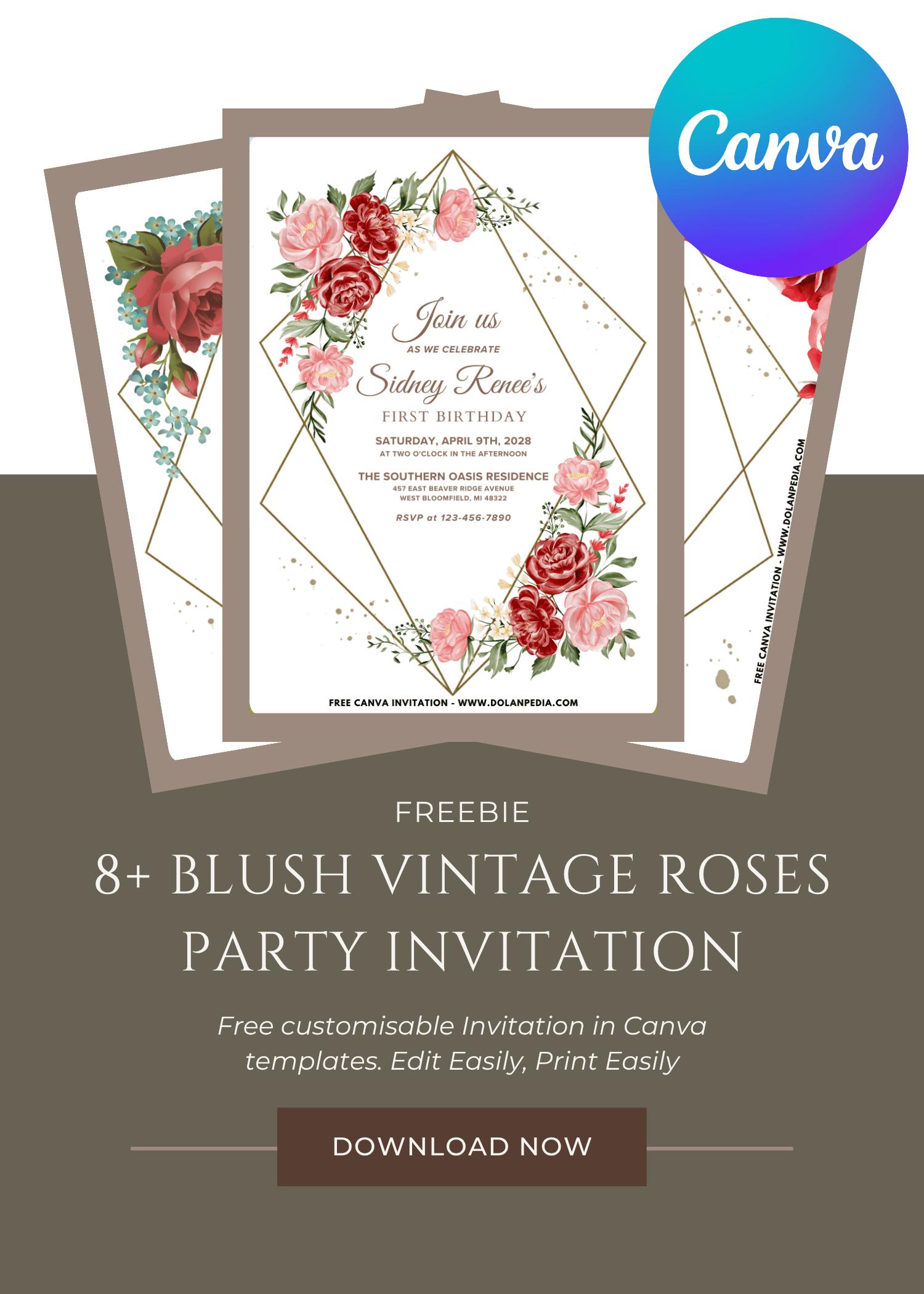 Free and Editable Stunning Vintage Rose First Birthday Invitation Templates Made in Canva. Customize Online for free