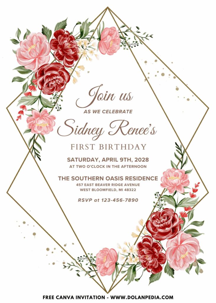 Free and Editable Vintage Rose First Birthday Invitation Templates Made in Canva. Customize Online for free